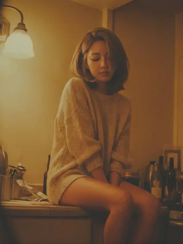A woman with closed eyes sits on a countertop in a dimly lit room, wearing a fuzzy knit sweater, with a warm lamp glowing to her left.