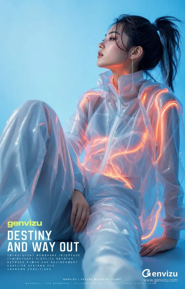 A young woman in a translucent, blue-tinged techwear jacket and pants, with neon orange lights on the clothing, poses in a studio with blue gradient lighting. Text elements are present in the lower portion of the image.