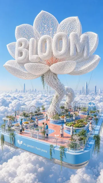 A giant English word sculpture made of white parametric mesh floats above a cloud platform, with people and robots interacting with facilities on the platform.