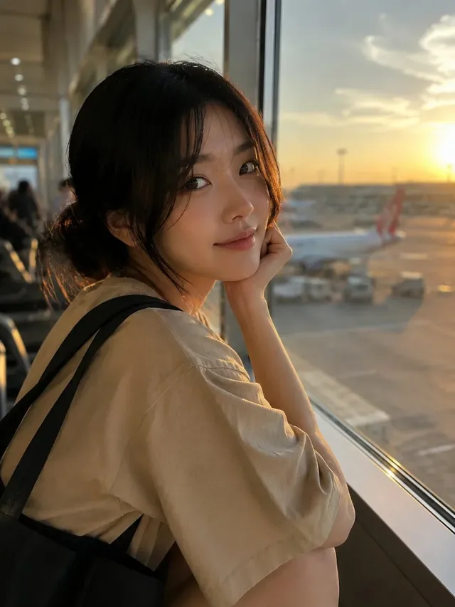 A beautiful Korean woman with her hair in a low bun stands sideways at a large airport window, wearing an oversized beige t-shirt and shorts, looking thoughtfully at airplanes on the runway outside. Golden sunlight streams in.