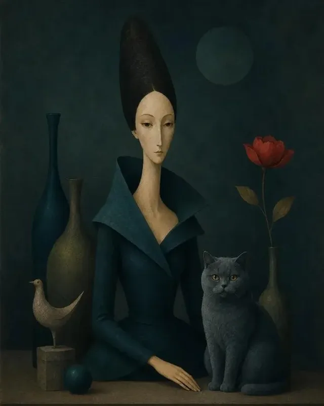 Surreal illustration with elongated proportions, featuring a stylized human and animal in a dreamlike, dark teal setting with a matte velvety texture and storybook art finish.