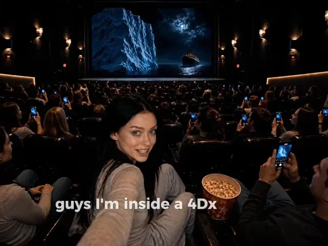 A woman with striking blue eyes looks over her shoulder in a darkened movie theater, with a cinematic projection of the Titanic and an iceberg on the screen behind her.