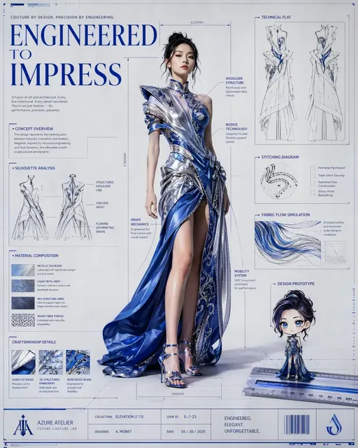 A fashion campaign poster designed like an architectural blueprint, showing a model surrounded by technical sketches and annotations.