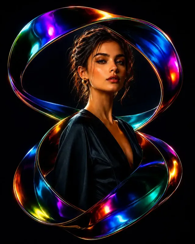 Photorealistic luxury portrait integrated into a flowing, iridescent liquid-chrome ribbon against a deep charcoal background, showcasing impossible loops and reflections.