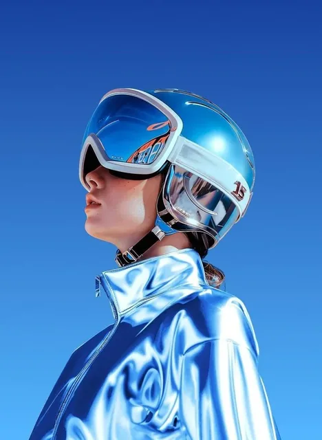 Photorealistic sci-fi portrait of a young woman in a chrome-blue jacket and futuristic helmet with a glossy blue visor, set against a gradient blue backdrop with studio lighting.