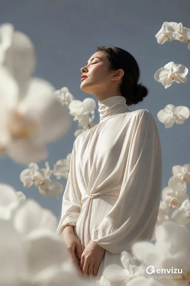 A middle-aged East Asian woman with black hair in a low bun, wearing an ivory silk dress, stands centrally with her face turned left, eyes closed. White orchids float around her, with varying focus creating depth. Soft light highlights her features and dress.
