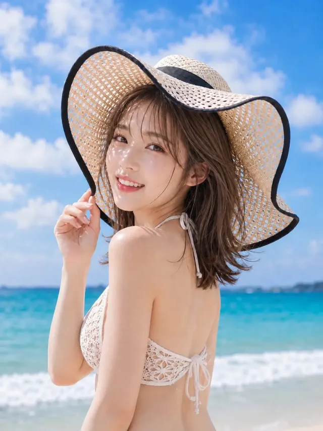 A woman wearing a large straw hat with a black ribbon and white lace bikini, seen from behind and looking over her shoulder with a bright smile. Turquoise sea and sky in the background.
