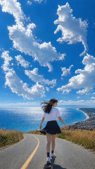A young woman in a white shirt and blue skirt stands on a skateboard on a road leading to the ocean, with her hair and skirt blowing in the wind. Cat-shaped clouds fill the sky.