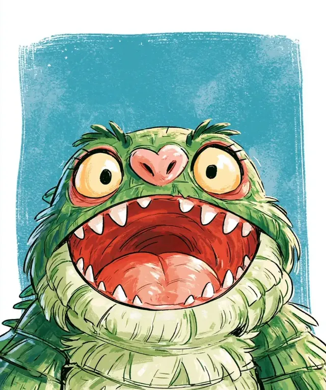 Close-up of a whimsical green straw-like monster with large yellow eyes, a pink heart-shaped nose, and its mouth open revealing a red tongue and white teeth. The background is teal.