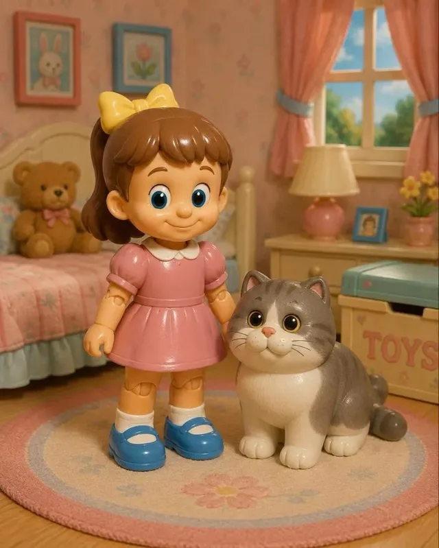 A 1995-style toy photograph featuring a human toy and an animal toy in a detailed diorama with a warm, nostalgic lighting and shallow depth of field, resembling early 3D cartoon aesthetics.
