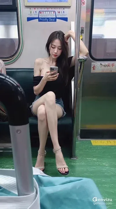 An adult woman with long dark hair sits on a metro bench, looking down at her smartphone in a cool-toned transit carriage.