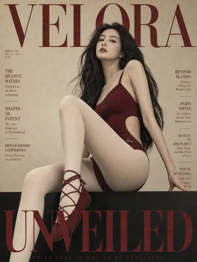 Retro fashion magazine cover with a woman in a deep red dress, looking back over her shoulder, against a large off-white background with 'SORAN' and 'IN BLOOM' text.