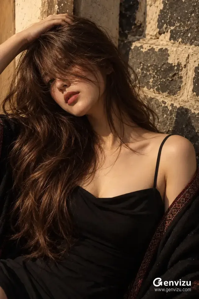 Close fashion portrait of a young East Asian woman with long chestnut hair and a black top, resting against a weathered stone wall in warm afternoon sunlight.