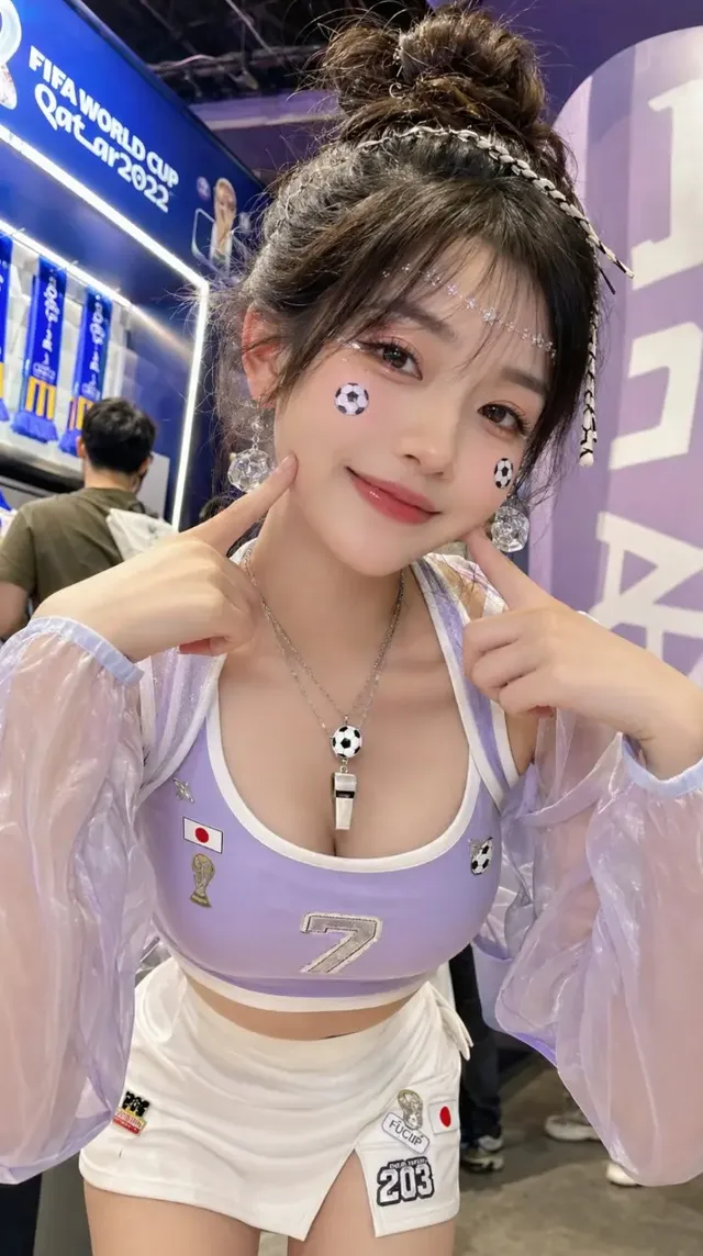 A young Japanese woman with a playful expression and football-themed accessories, wearing a purple and white outfit, poses in a blurred World Cup store background, shot from a low angle.