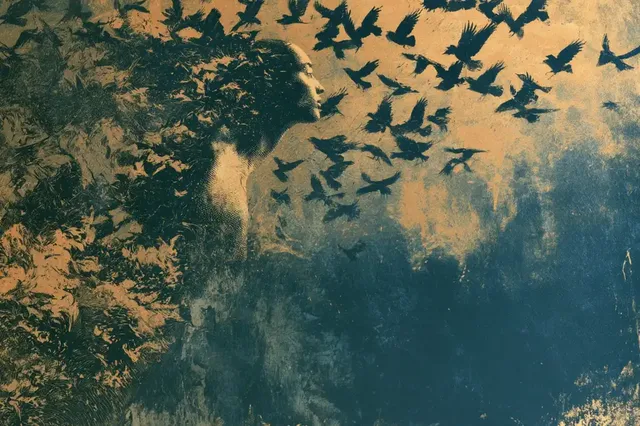 Surreal artwork featuring subjects emerging from etched textural layers in contrasting colors.