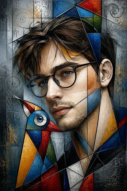 Ultra-realistic Cubist portrait of a woman composed of geometric planes and sharp lines, featuring a large blue-gray eye and a surreal geometric bird integrated into her face, set