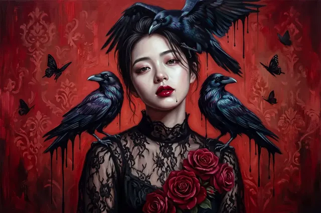 A pale woman with dark hair and red lips framed symmetrically by three black ravens against a saturated crimson background with lace and roses.
