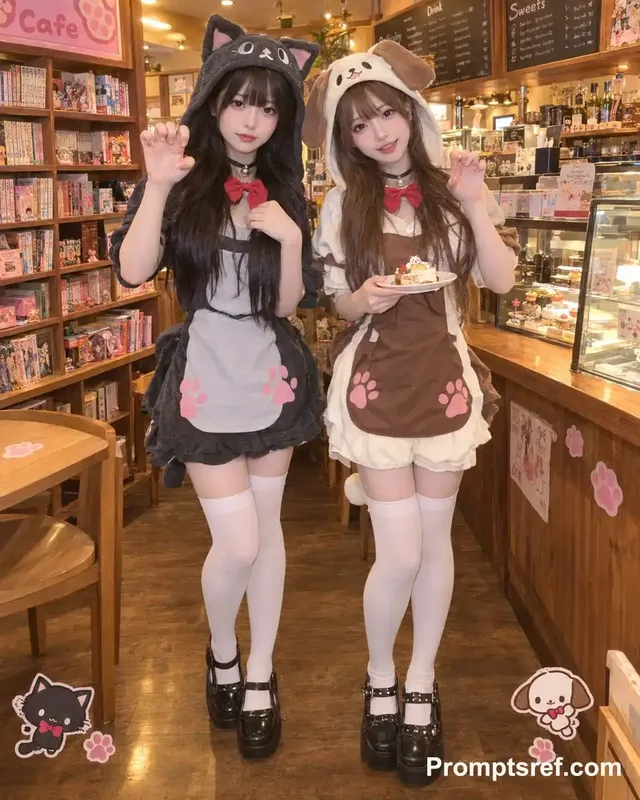 Two young women in animal-themed cosplay outfits posing inside a warm Japanese cafe with books and wooden shelves.