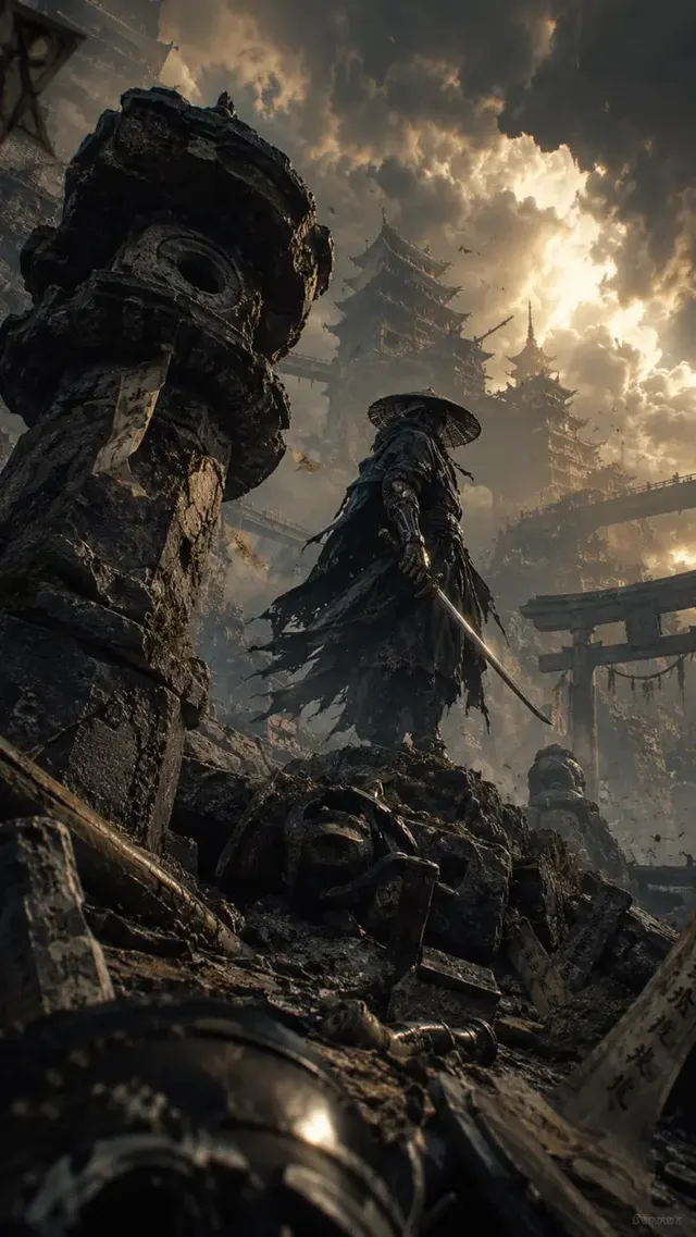 A lone Japanese ronin seen from behind standing on a mound of temple ruins under dark stormy skies with dramatic volumetric sunlight.