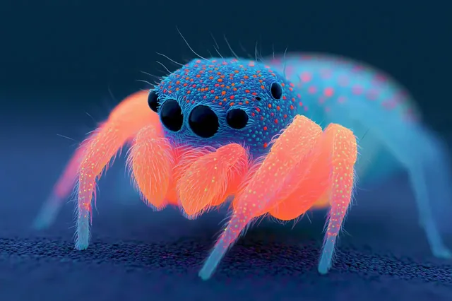 Extreme close-up of a jumping spider's eyes, glowing with vibrant holographic neon colors.