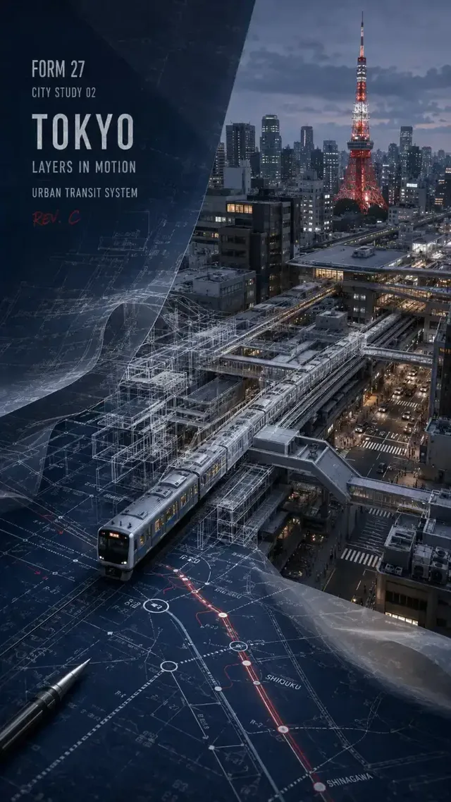 Architectural city study poster showing a transition from a dark blue blueprint with technical lines to a white wireframe, and finally to a detailed, photorealistic cityscape.