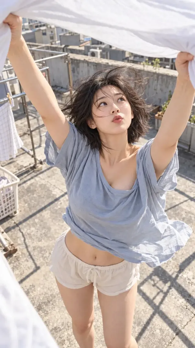 An East Asian woman reaching up on a windy rooftop to catch a white bedsheet, captured in a candid lifestyle style.