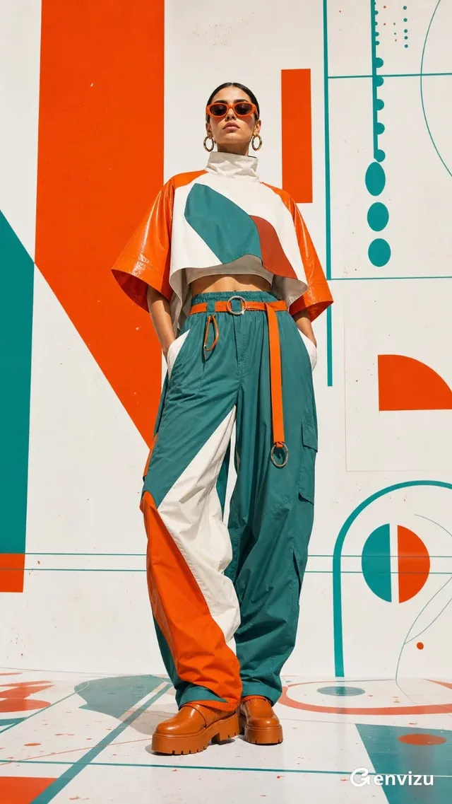A tall, slender woman with olive skin stands confidently in a minimalist white studio, wearing a futuristic white and orange sportswear set with green accents. She has dark hair in a bun, wears orange oval sunglasses and large gold hoop earrings. Her outfit includes a cropped hooded cape top and wide parachute pants, paired with caramel platform shoes. The background features a large abstract geometric mural with orange, green, and white shapes. The lighting is sharp and high-key, creating a dramatic editorial look.