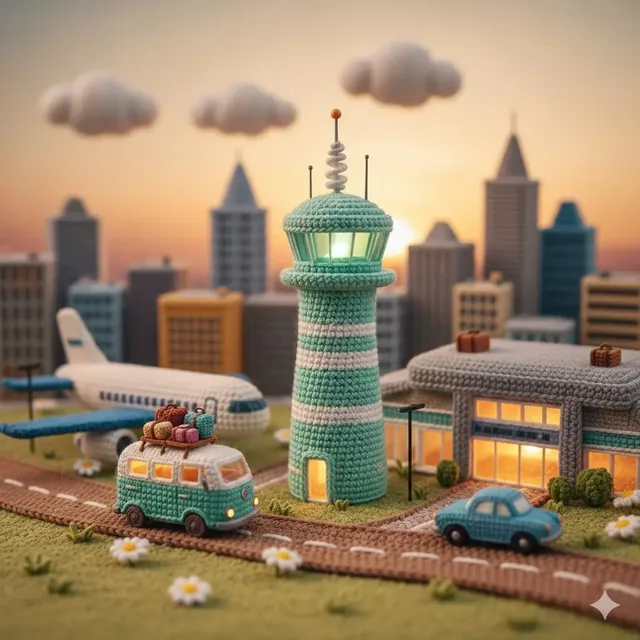 A detailed macro photo of a crochet airport diorama with yarn planes, cars, and buildings under a sunset sky.