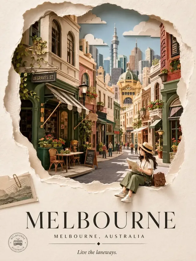 A luxury 3:4 vertical travel poster of [CITY] in a detailed layered papercraft diorama style, showcasing authentic architecture with a miniature traveler and elegant typography.