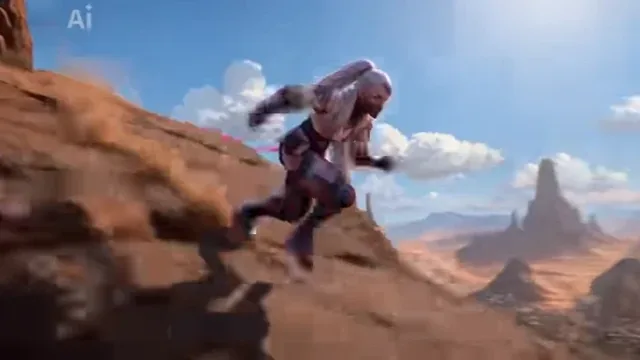 A silver-haired runner with a mask and pink/purple tactical gear leaps across a vast desert landscape with sandstone spires under a bright midday sun, kicking up dust.