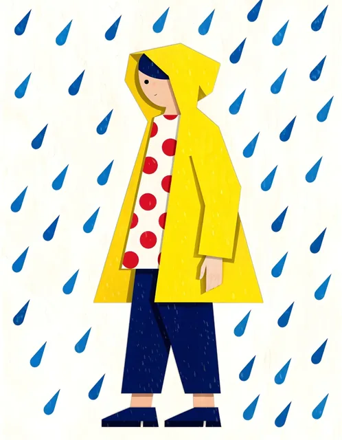 Minimalist paper-cut illustration of a person in a yellow raincoat, facing left, with blue raindrops on an off-white background.