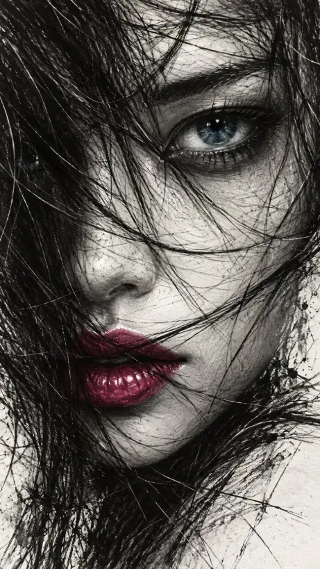 Extreme close-up fine-art portrait of a woman in black and white with an icy-blue eye and glossy berry-magenta lips peeking through tangled dark hair.