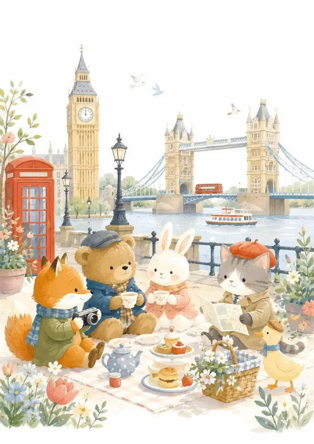Adorable children's storybook illustration of a city, featuring soft pastel colors, rounded shapes, and a bright white background in a hand-painted gouache style.