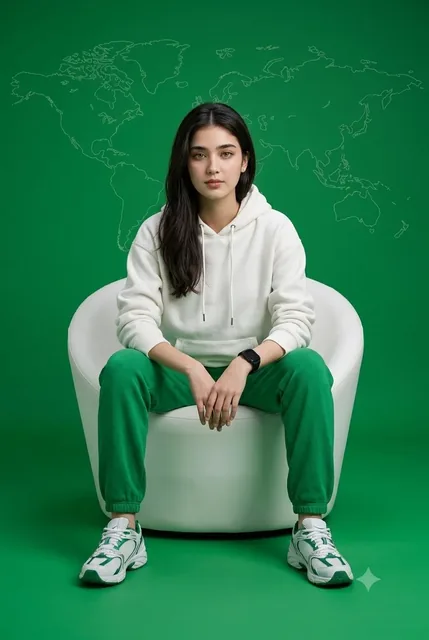 A woman with an uploaded face, wearing a white hoodie, green sweatpants, and sneakers, sits in a white armchair in a green studio with a subtle world map outline.