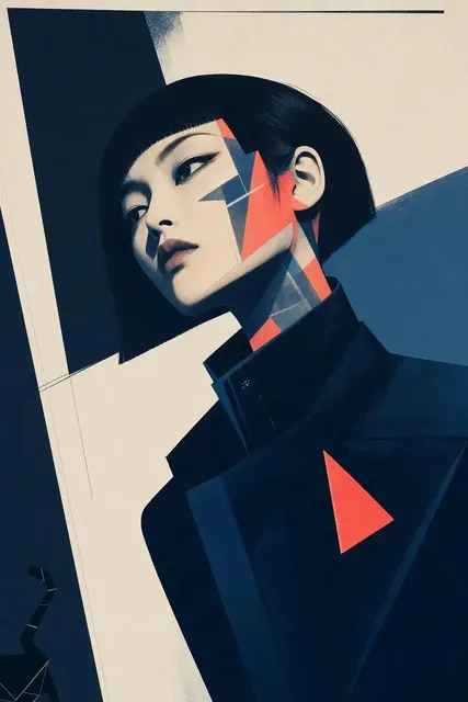 Modern art portrait of an East Asian woman with sharp features, abstract geometric shapes, wearing a blue jacket with a coral brooch, against a white and slate background.