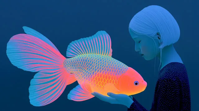 Woman holding a brightly glowing holographic goldfish with neon colors.