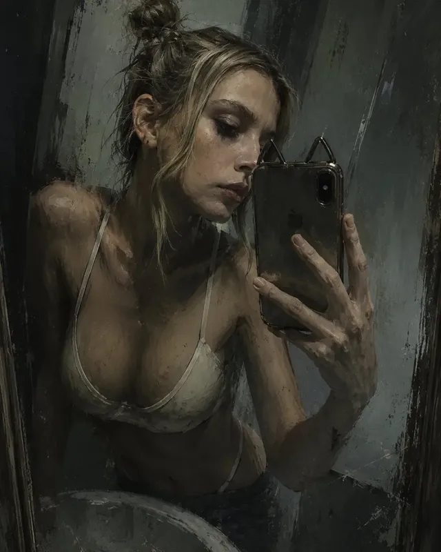 Androgynous grunge model taking a selfie in a dirty mirror, digital illustration with desaturated colors and visible brushstrokes, melancholic atmosphere.