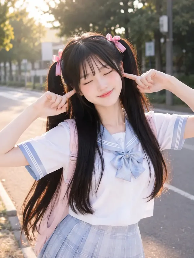 Anime-inspired teenage girl with black twin tails and pink bows, wearing a sailor uniform, smiling with eyes closed and touching her ears, outdoors with a bokeh background during golden hour.
