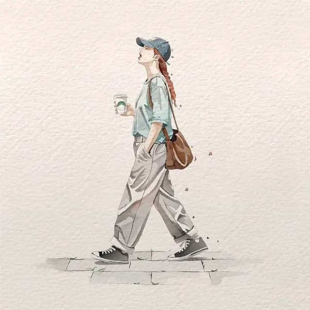 A young woman in oversized casual clothing, holding a coffee cup and walking confidently, rendered in a minimalist watercolor style with a pastel color palette and textured paper.