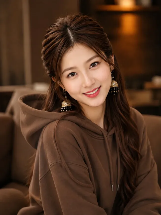 Photorealistic close-up portrait of a young woman with dark-brown hair, looking at the camera with a gentle smile, wearing a gray sweatshirt. Soft indoor background.