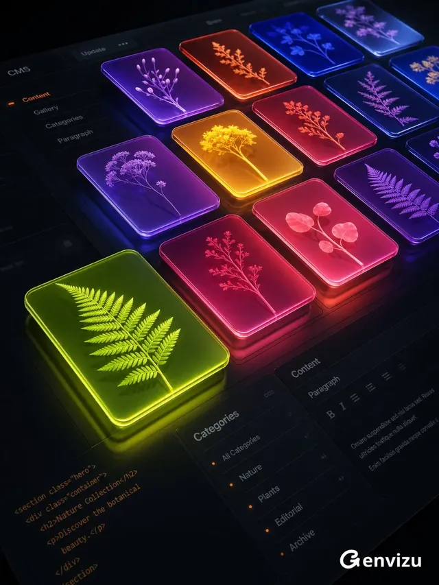 High-end 3D digital interface of a dark content management system with floating, colorful media cards displaying botanical silhouettes, viewed from a low, oblique angle with strong perspective.