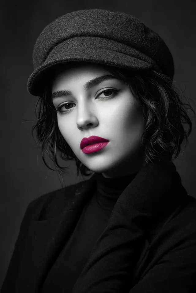High-contrast black and white studio portrait of a young woman with wavy dark hair, wearing a newsboy cap and turtleneck. Her lips are vividly colored magenta, drawing focus against the monochromatic scene. Intense, direct gaze.