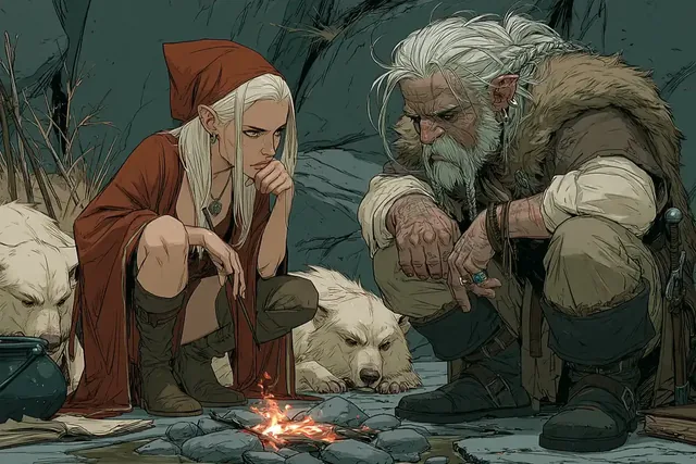 A man and a woman with white hair, accompanied by polar bears, huddle around a campfire in a rocky, dark environment.