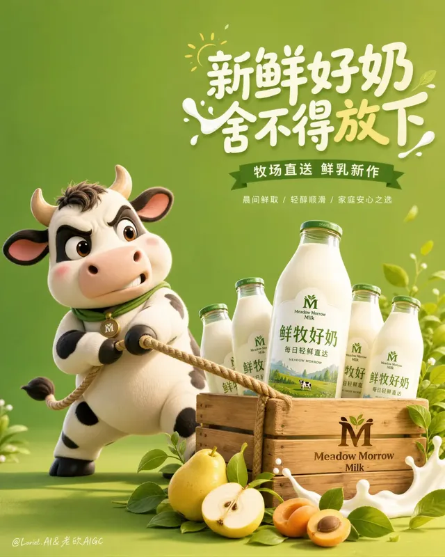 Meadow Morrow Milk flagship advertisement poster featuring a friendly cow mascot and a prominent milk bottle, set in a sunny, clean farm landscape. The image emphasizes freshness, trust, and premium quality.