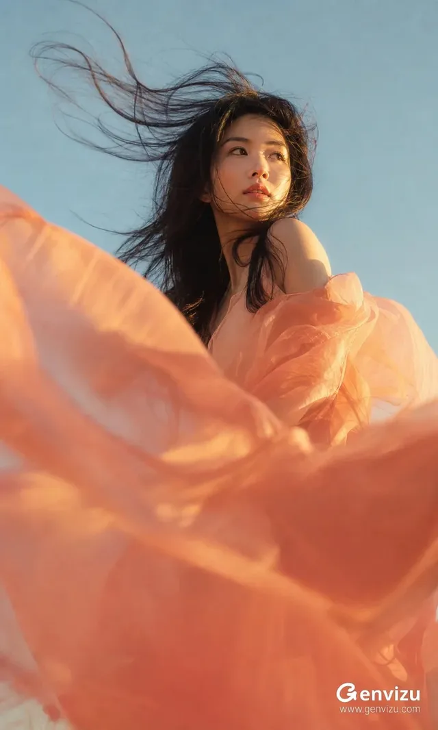 A mature East Asian woman with long black hair, wearing flowing coral and apricot chiffon, is photographed from a low angle. Wind blows her hair and dress, creating a sense of movement against a sky background. The foreground is softly blurred.