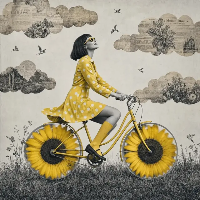 Surreal mixed-media collage of a woman with a bob haircut joyfully riding a bicycle with sunflower wheels, wearing a bright yellow polka-dot dress, yellow sunglasses, and yellow so