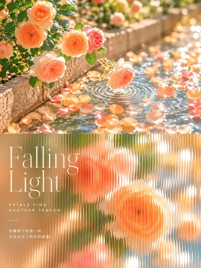 Vertical split-layout design poster with a natural photo on top and a vertically fluted glass refracted close-up on the bottom.