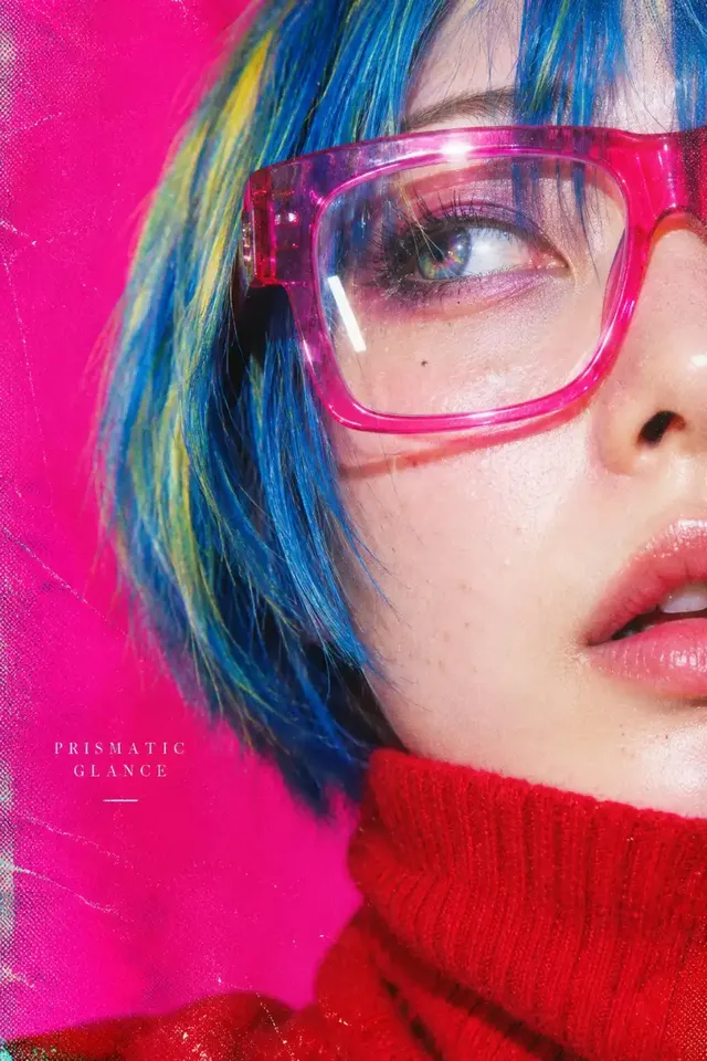 Extreme close-up of a Korean beauty's face, framed asymmetrically with only one eye visible through oversized glasses. Her hair is a vibrant electric cyan blue with streaks of yellow and mint. The background is solid neon magenta.