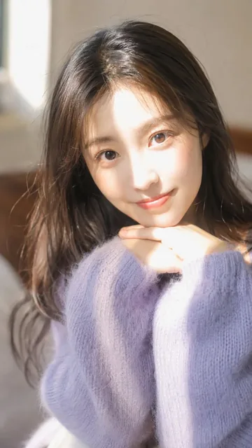 Close-up realistic portrait of a young East Asian woman with a soft, natural smile, looking gently towards the camera, illuminated by warm morning window light.