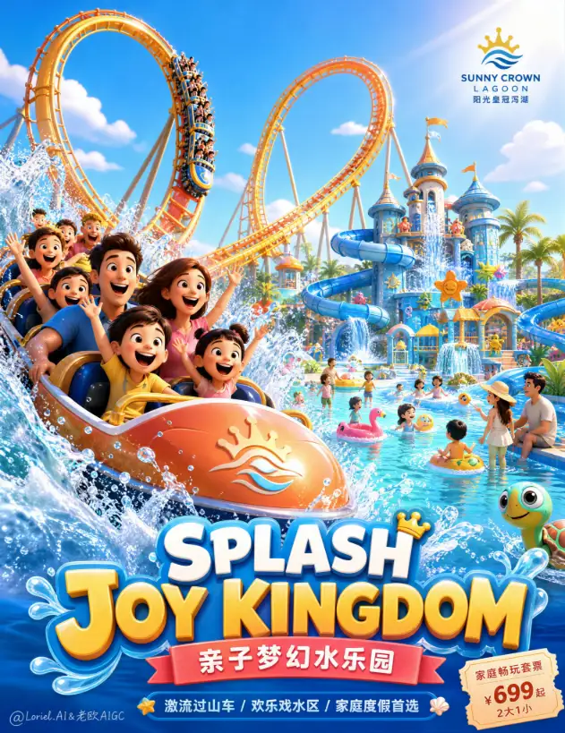 Official promotional poster for Roar Crown Adventure Park, showing a safari-themed roller coaster car with animal characters dramatically plunging towards the viewer, with a colorful fantasy park and amusement rides visible in the background.